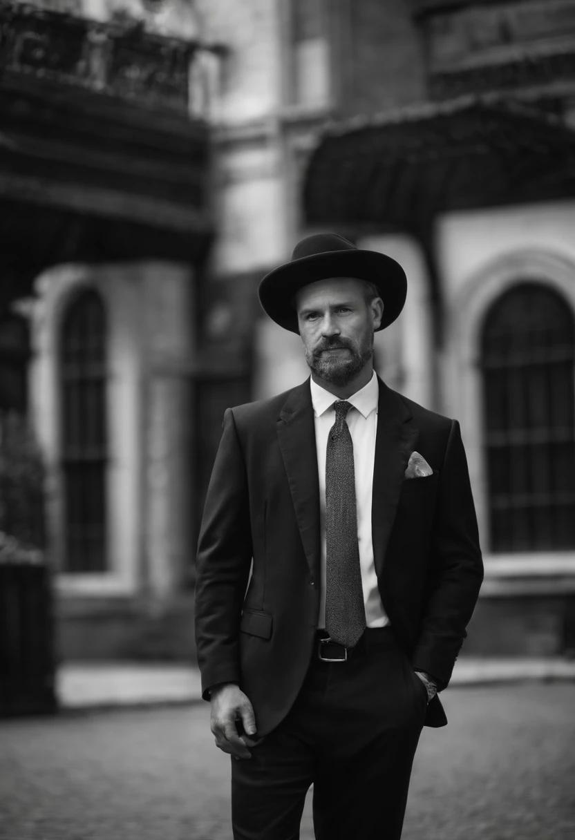 black andwhite，Man in a suit，Hat