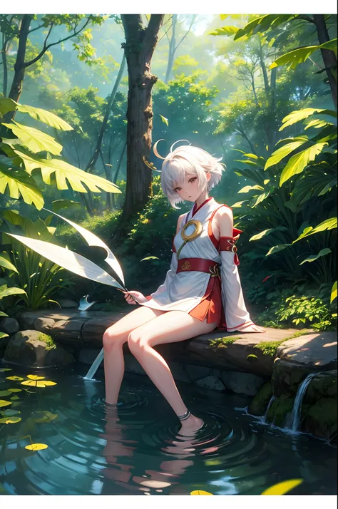 fullbody, miko, short hair, lying, on back, floating hair, outdoors, wind, crescent moon, day, forest, leaf, nature, outdoors, plant, pond, tree, waterfall, starnight, anime style, anime, drop shadow, best quality, 4K, award winning, super detail, textured...