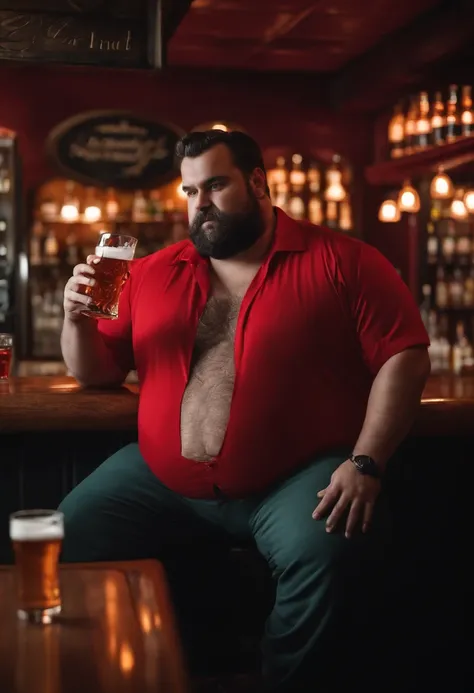 Make a man with obesity

This man must be wearing red clothing
 
He must be inside a bar

Hes drinking beer

Ultra realistic photo, qualidade 8k, fullhd