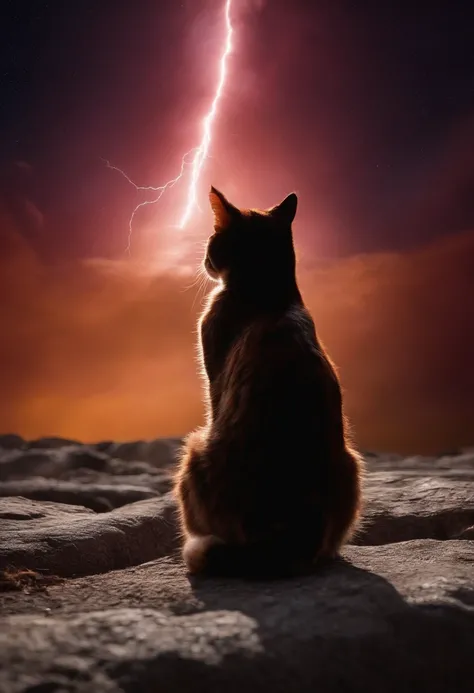 cat catching a planet. souris qui rigole. the earth at the bottom with violent lightning