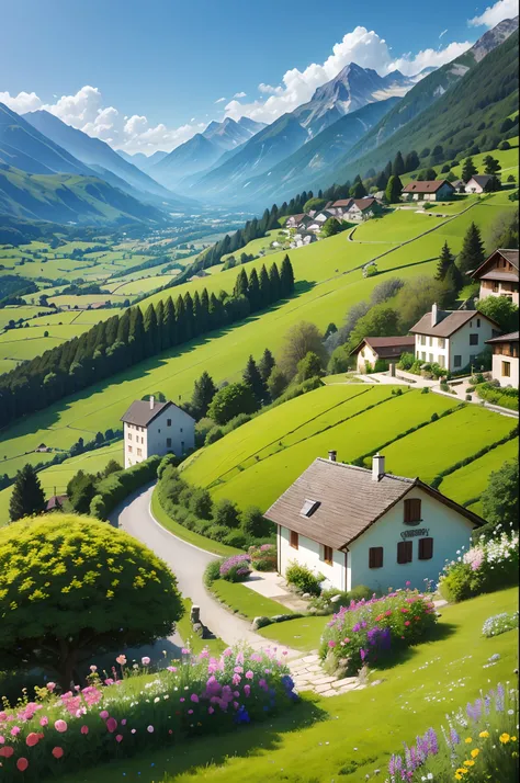 Peaceful and idyllic countryside, Rolling green hills dotted with grazing sheep, Charming villa，Set amidst vibrant flowers, Clear blue sky overhead, Evokes a sense of peace and simplicity, Valle encantador, switzerland, patches of green fields, lush countr...