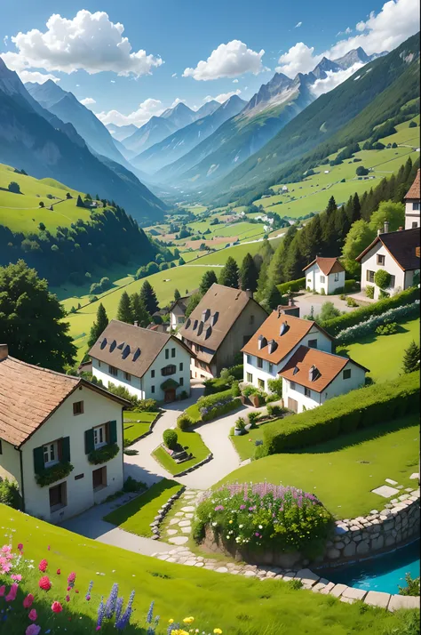 Peaceful and idyllic countryside, Rolling green hills dotted with grazing sheep, Charming villa，Set amidst vibrant flowers, Clear blue sky overhead, Evokes a sense of peace and simplicity, Valle encantador, switzerland, patches of green fields, lush countr...