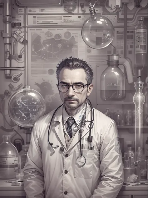 absurd resolution, high resolution, reflection, refraction:1.4 ultra-detailed:1.0 (illustration, line drawing), masterpiece, scientist with glasses, full-length, man (European, Arab, dark-skinned), ugly, middle-aged, 40 years old, work suit (polyester, syn...