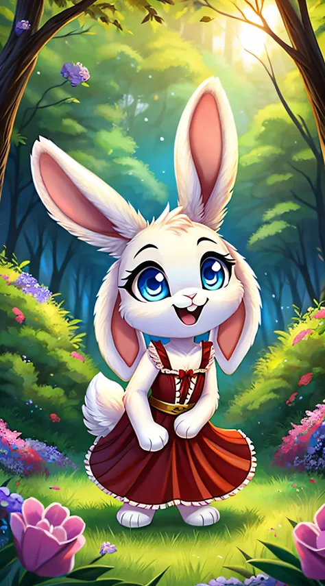 zoomed out image, fantasy style art, cute, adorable, short character, small, tiny little fluffy female white bunny with blue eye...