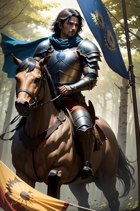 Cinematic scene, a knight riding his horse through a dark forest, holding a flag with sun print on it- with trees looming all around him, masterpiece, best quality, high quality, absurdness, vivid, guild wars 2 DPM++ 2M SDE Karras