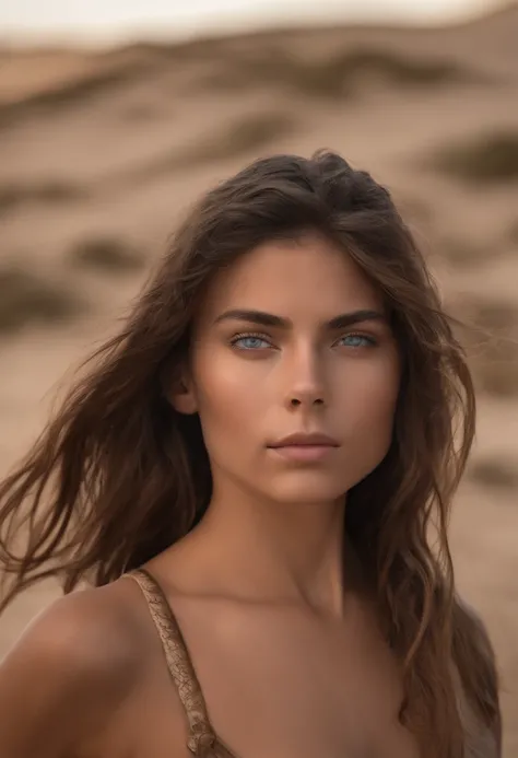 Photographie dune fille magnifique brune avec des yeux bleu, type latine , cheveux longs, belle poitrine, Watch the camera, hyper realistic, Tanned skin