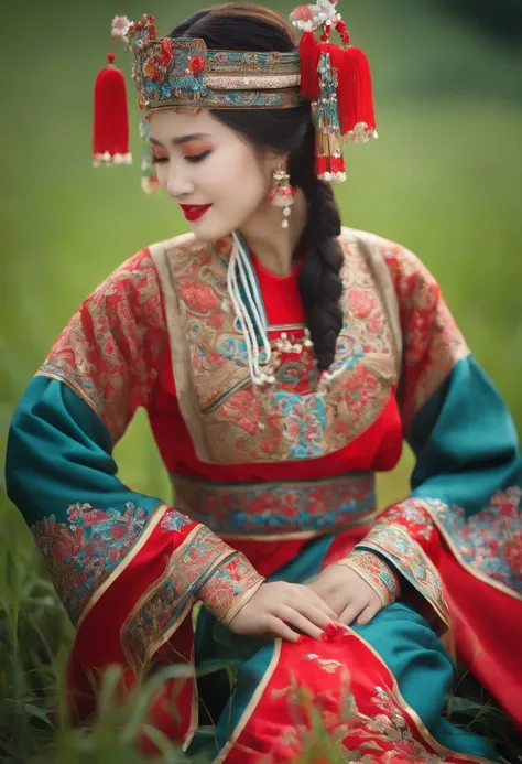 Arad women in colorful clothes kneel in the field, Chinese traditional, traditional tai costume, Traditional beauty, inspired by Miao Fu, traditional garb, Chinese girl, Chinese woman, traditionalcostumes, Inspired by Song Maojin, Traditional Chinese cloth...