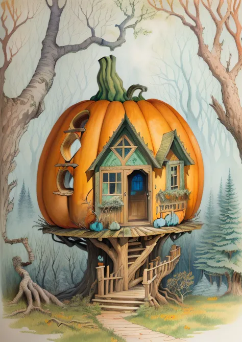 there is a drawing of a pumpkin house in the woods, coloring book page, richly detailed colored, colored in, highly detailed and colored, full color illustration, silent decay coloring, colored illustration, very detailed and colorful, full color drawing, ...