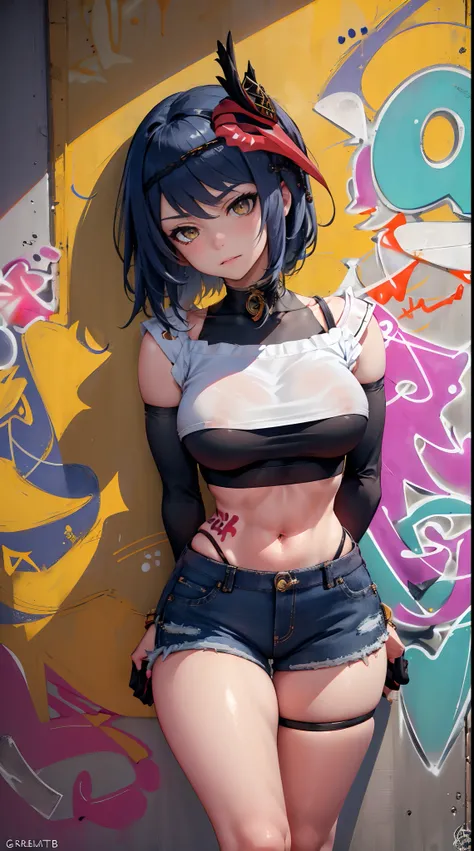 Kujou Sara Genshin Effect, masterpiece, bestquality, 1girls, mediuml breasts, bara, crop top, shorts jeans, choker, (Graffiti:1.5), color splashes, arm behind back, against wall, looking at the audience, bracelet, Thigh strap, Head tilt, bored, Beautiful l...