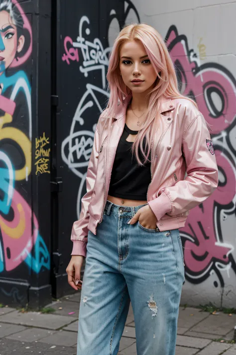 sensual woman, blonde with pink locks, girl dressed street style with fashionable cologne clothes in a city alley with graffiti walls, realistic image, high quality