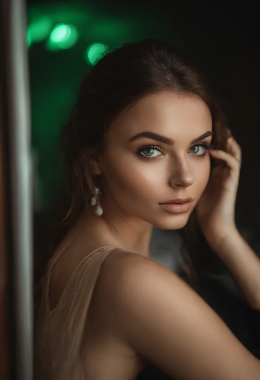 arafed woman with large breasts, sexy girl with green eyes, portrait sophie mudd, brown hair and large eyes, selfie of a young woman, violet myers, without makeup, natural makeup, looking directly at the camera, face with artgram, subtle makeup, piercing g...