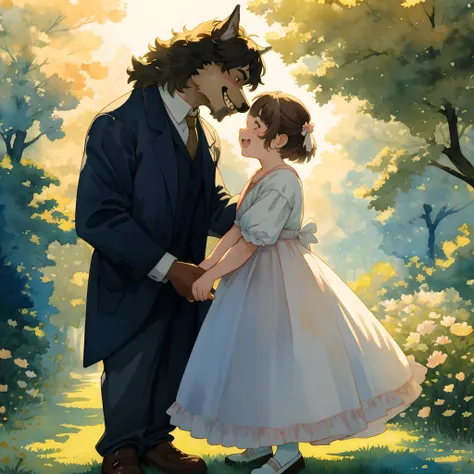 watercolor, soft color, Vintage images, highres, unparalleled masterpiece, absurdres, love story of human Child girl and giant Werewolf, love romance, Detectives and assistants, family photograph, pair, Height difference, Physical difference, perfect anato...