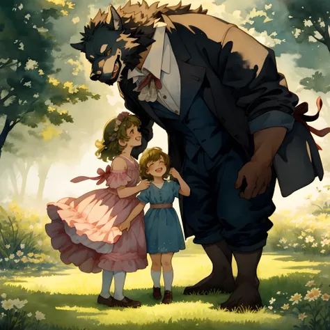 watercolor, soft color, Vintage images, highres, unparalleled masterpiece, absurdres, love story of human Child girl and giant Werewolf, love romance, Detectives and assistants, family photograph, pair, Height difference, Physical difference, perfect anato...