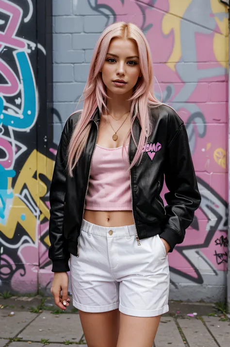 sensual woman, blonde with pink locks, girl dressed street style with fashionable cologne clothes in a city alley with graffiti walls, realistic image, high quality