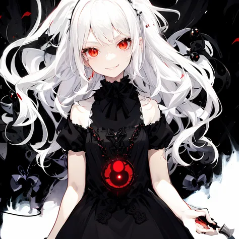 anime girl with white hair and red eyes with a knife, gothic maiden anime girl, demon anime girl, gapmoe yandere grimdark, with ...