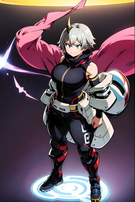 silver hair, single horn, big girl, robust, muscle girl, vest, pants, short hair, chubby face, solo focus, standing, black clothes,medium breast, tomboy, black coat full body, standing, sharpteeth ,smile, long sleeves, living hair, energic hair,, boots, so...