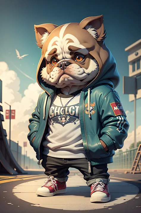 C4tt4stic, Cartoon bulldog in jacket and skateboard、Playing baskets