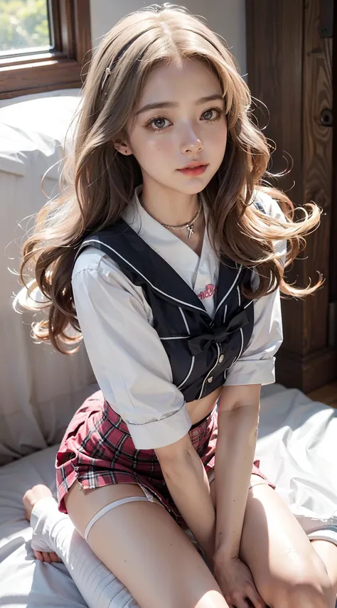 bit girl,long whitr hair,curlies,dual horsetail,ssmile,Shy,A cute look,Hand on the back,Kneeling,Pink eyes,a sailor suit,plaid skirts,Semi-realistic,Realistic art,Bedrooms,Collar,leg loops,obi strip,shairband,latex glove,full bodyesbian,looking at viewert,...