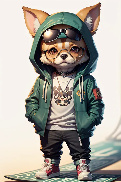 C4tt4stic, Cartoon Chihuahua in jacket and skateboard, Sunglasses,