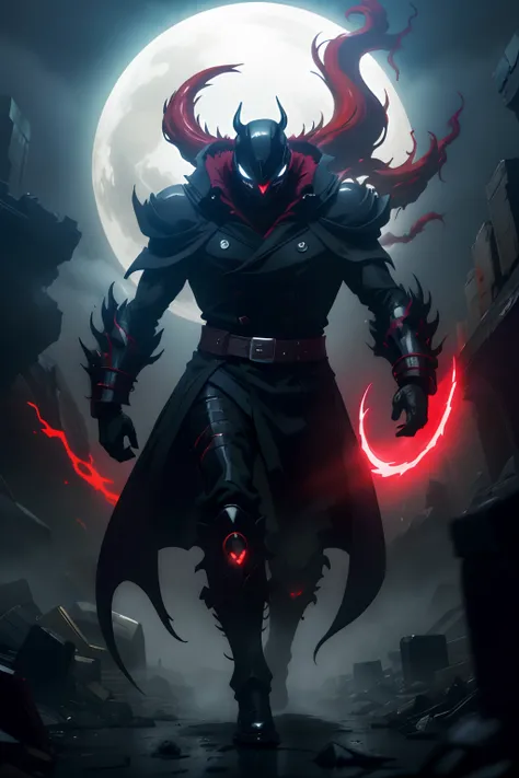 A man with one of his eyes glowing with a red energy of the shadow lord and God of chaos wearing black hunters boots and a venon symbiote merging into his coat, smoke in the background of his body as he walks among the dead on a terrain shrouded in darknes...