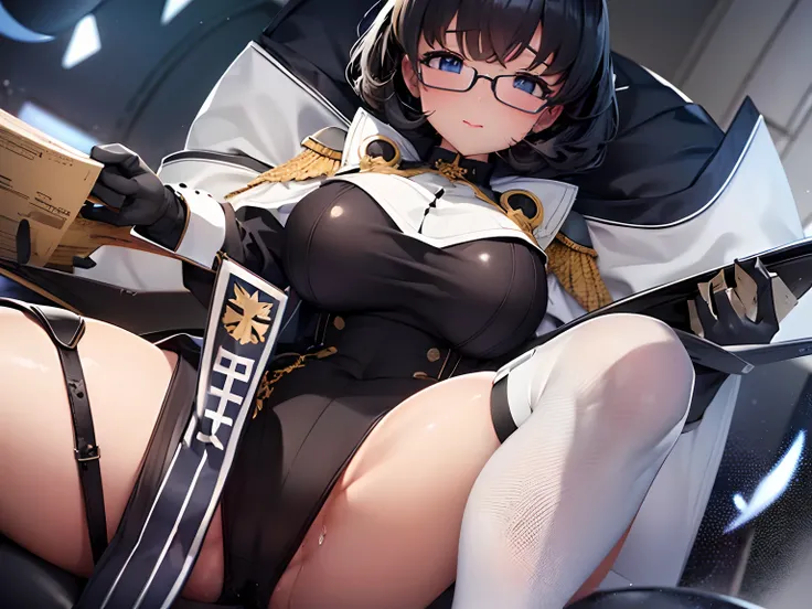 1girll_Black Leotard_armor_huge-breasted_eye glasses_Bukkake