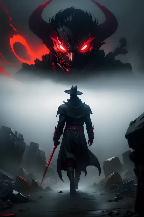 A man with one of his eyes glowing with a red energy of the shadow lord and God of chaos wearing black hunters boots and a venon symbiote merging into his coat, smoke in the background of his body as he walks among the dead on a terrain shrouded in darknes...