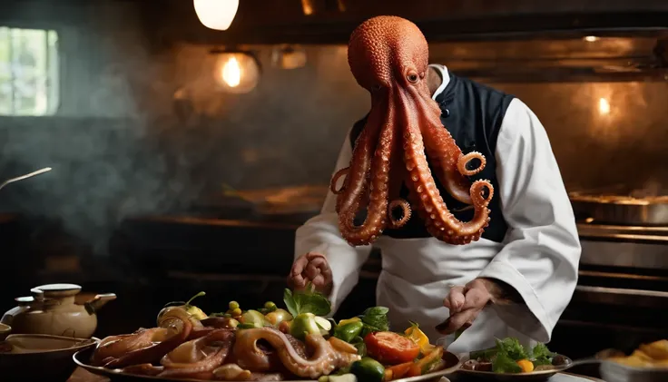 A humanoid octopus chef at a barbecue restaurant，photorealestic，Rembrandt light