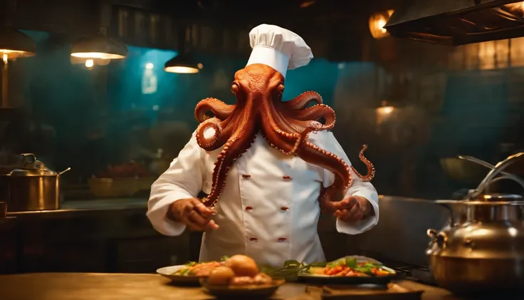 A humanoid octopus chef at a barbecue restaurant，photorealestic，Rembrandt light