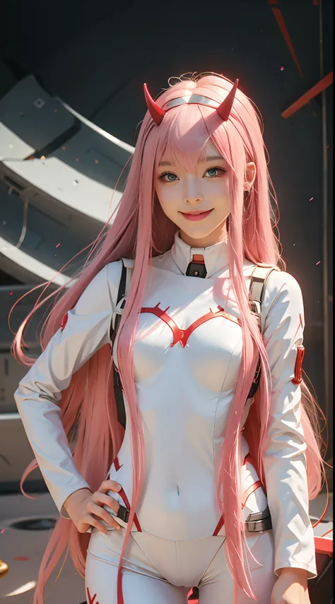 zerotwo \(darling on franxx\), darling on franxx, 1girll, rim, self-shot, smiling, biting, black shadows, green eyes, hair behin...