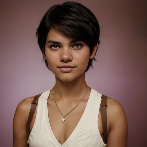 A Professional Photography Of An Indigenous Young Woman, happy expression, ((Tupi Guarani Girl)), ((Tupinambá)), (21 Years Old), Tanned Skin Tone, ((Face Features Of Taylor Lautner)), ((Androgynous Face Features)), ((Pixie Cut Hair)), Curly Black Hair, Flo...