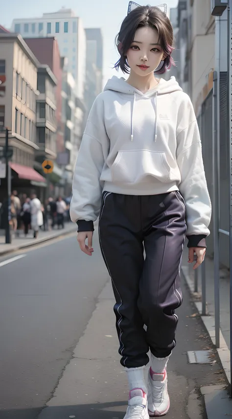 1girl, solo, kochou shinobu, butterfly hair ornament, purple eyes, multicolored hair, short hair, parted bangs, beautiful woman, beautiful, perfect body, perfect breasts, wearing a white Adidas hoodie, black jogger pants, wearing white Nike Jordan shoes, o...