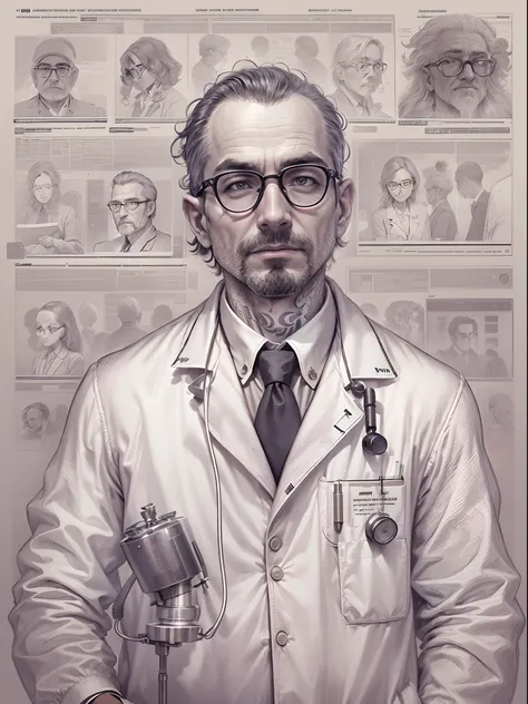 absurd resolution, high resolution, reflection, refraction:1.4 ultra-detailed:1.0 (illustration, line drawing), masterpiece, scientist with glasses, full-length, man (European, Arab, dark-skinned), ugly, middle-aged, 40 years old, work suit (polyester, syn...