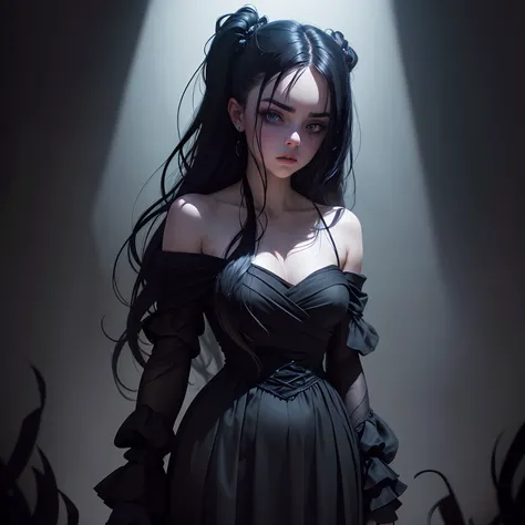 In a hauntingly dark display, an alluring and enigmatic figure emerges from shadows, clad in flowing midnight attire. Sinister hues and seductive curves blend with striking juxtapositions and expressive brushstrokes, capturing the essence of Billie Eilishs...