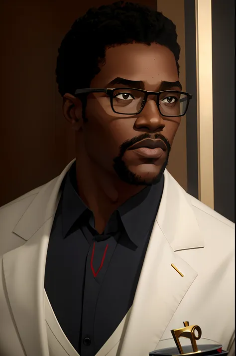 tall black man with glasses, cabelo curto, barba rala, medic, inteligente, inspirado no ator jonathan majors