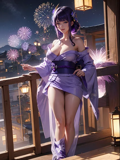 Raiden shogun (genshin impact), wearing a (((short purple yukata))),((transparent)), extremely detailed, masterpiece, realistic anime, 4k, hd wallpaper, blue eyes, smiling, standing, stalls, night sky fireworks, 25 year old woman, big breasts