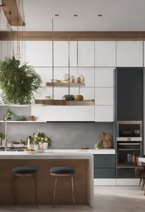 a Modern kitchen, bright colors, minimalist design style, rendered with 3dsmax for corona