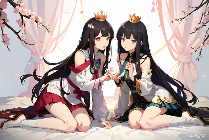 Two black hair anime girls sitting on the ground，With flowers as a background, two beautiful anime girls, Wearing short skirts,Cuddle together， queen and ruler of the universe, The Flower Prince is crowned king, The king recited hymns to the princess, Anim...