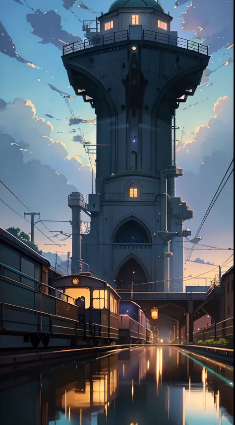 Anime train on tracks through body of water, image by Makoto Shinkai, pixiv, concept art, lofi art style, reflection. Enhanced detail, perfect picture quality. by makoto shinkai, lofi art, beautiful anime scenes, anime scenery, detailed scenery—width 672, ...