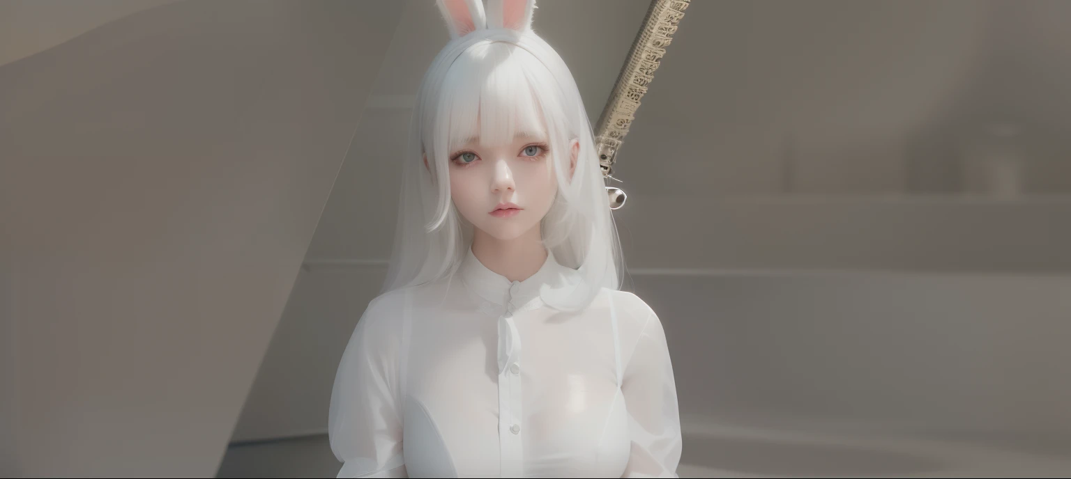 there is a woman with a bunny ears and a white shirt, render of april, white ( cat ) girl, white cat girl, close up character, white haired, ultrarealistic sweet bunny girl, perfect white haired girl, character close up, girl with white hair, one girl has ...