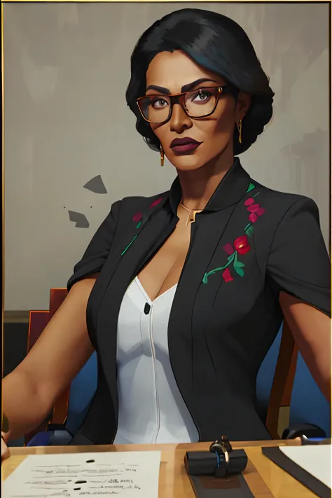 slim woman with glasses wearing a black suit, adulta de pele marrom, professora elegante