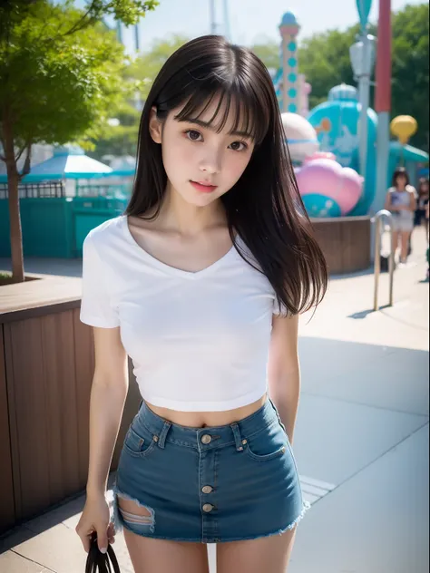 年轻，(a miniskirt)，tshirts，teens girl，Delicate body，petite body，Delicate body，small tits，tiny chest，Short，A dark-haired，Very Longhair，a shower，An amusement park，Looking Up