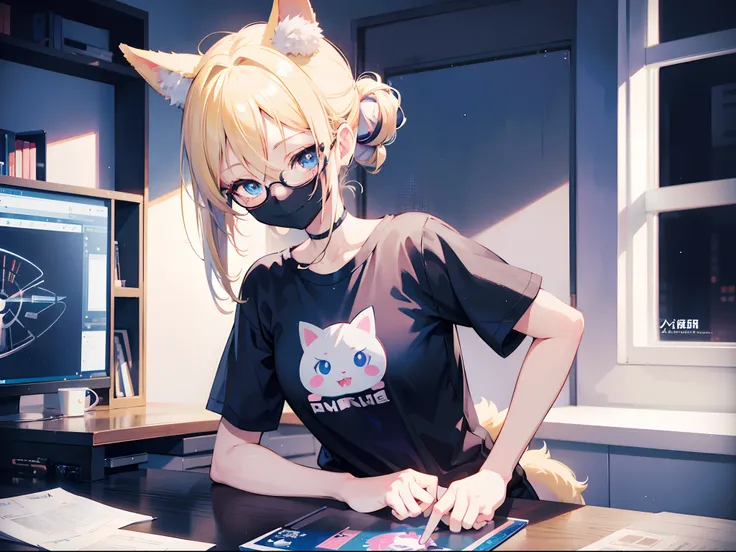 1anime girl, blue eyes, blonde short side pony bun hair, dog ears and tail, wearing round glasses, wearing black T-shirt, inside the house, sitting on a desk, playing games, smile, looking at viewer, anime style. 8k, high res, ultrasharp, masterpiece, rend...