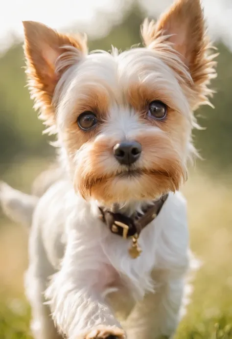 Biewer terrier femea, na cor dourada, de vestjdo e com colar de perola no pescoco