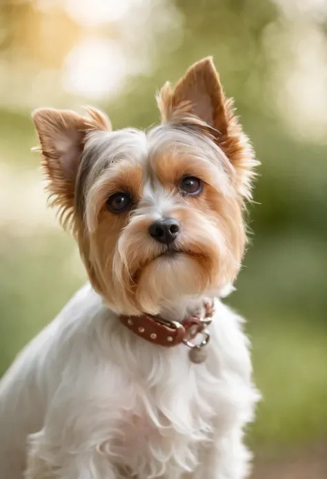 Biewer terrier femea, na cor dourada, de vestjdo e com colar de perola no pescoco