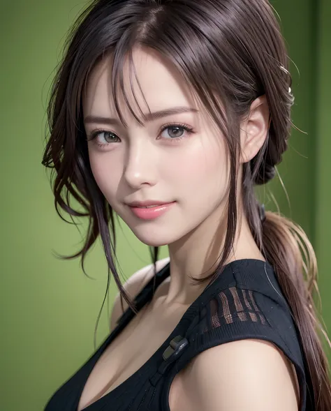 Best Quality, Ultra high definition, (Photorealistic:1.4),Sunset light, Ponytail, detailed photo, Smiling, Sexy, Black shirt, Facing Camera, (masutepiece: 1.3), (8K, Photorealistic, Best Quality), (1girl in), Beautiful face, (Realistic face), (Black hair, ...