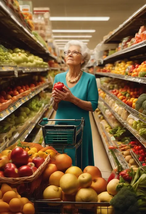 An old woman in a supermarket with broken dishes beside her, (best quality, highres, realistic:1.37), detailed facial features, tired expression, leaning on a shopping cart filled with groceries, wearing a floral dress and glasses, surrounded by vibrant fr...