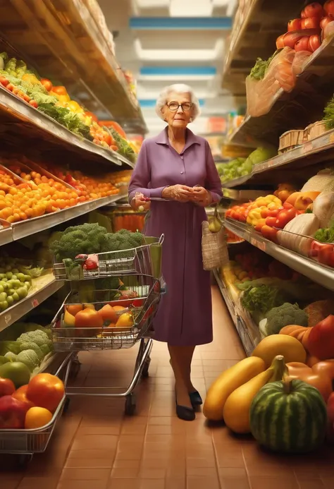 An old woman in a supermarket with broken dishes beside her, (best quality, highres, realistic:1.37), detailed facial features, tired expression, leaning on a shopping cart filled with groceries, wearing a floral dress and glasses, surrounded by vibrant fr...