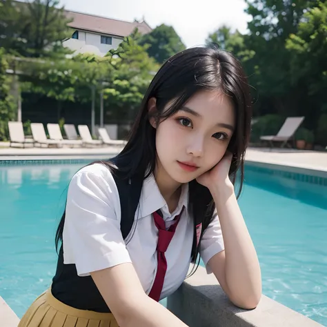 (Best Quality, 8K, 32K, masutepiece, nffsw:1.2),1woman,Photo of Pretty Japanese woman, Large breasts, arafed woman in a school uniform wearing ,pool side background,face up