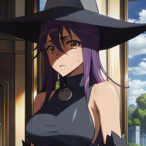 best quality, masterpiece, upper body, blair's hat, curls, black dress, detached sleeves,highschoolofthedead