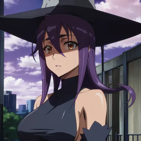 best quality, masterpiece, upper body, blair's hat, curls, black dress, detached sleeves,highschoolofthedead